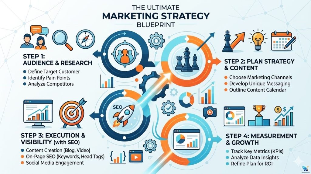 Infographic displaying the step-by-step blueprint for building an effective marketing strategy plan including search intent, content creation, and technical optimization.